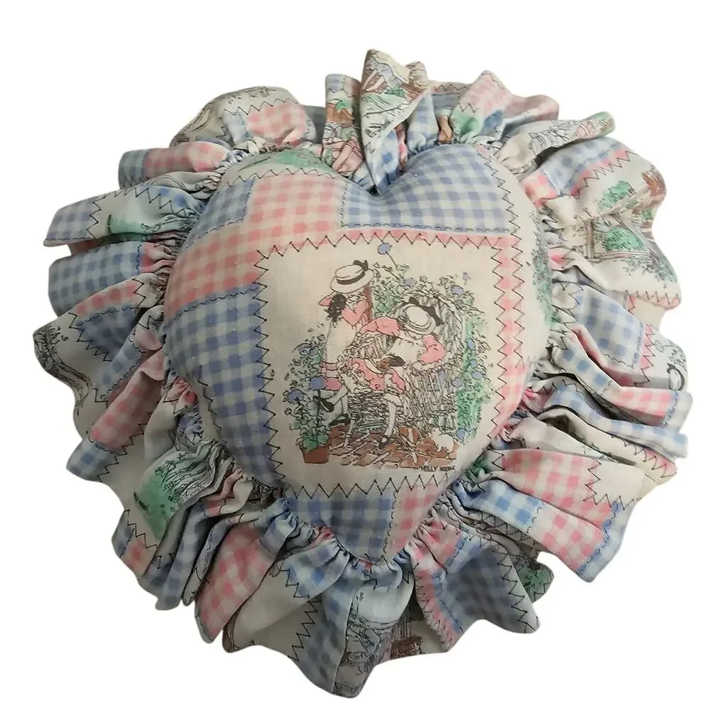 Vintage Floral Needlepoint Heart Patchwork Pillow Pink Cottage Grandmacore Decor